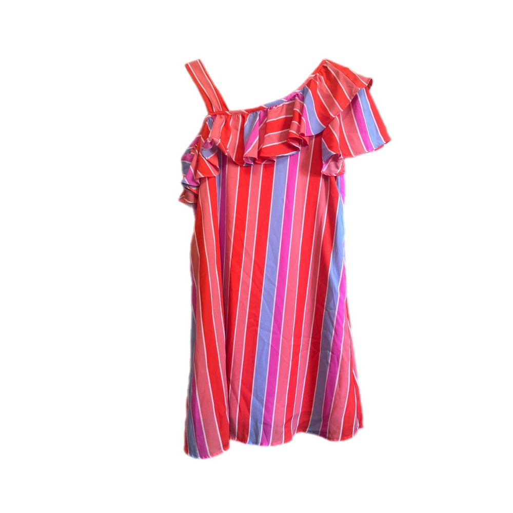My Michelle Girls One Shoulder Ruffle Dress XL Red Pink Striped Excellent